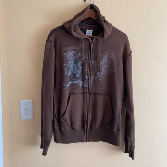 Y2K 725 Originals Full Zip Sweatshirt Woman XL Brown Dragon Streetwear Raw Hems - Picture 2 of 15